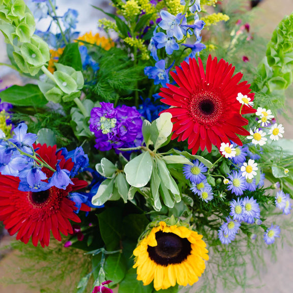 Colorful bouquet of flowers including red gerberas, yellow sunflowers, and purple and blue flowers.