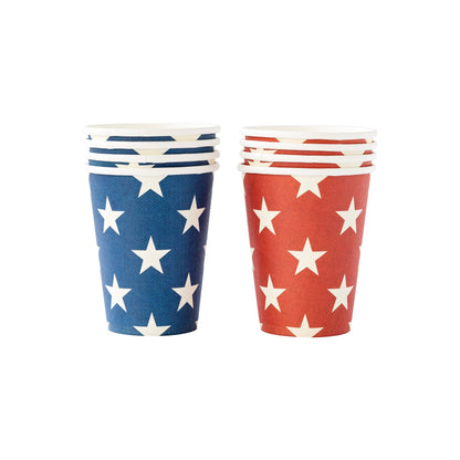 Blue and red paper cups with white stars and striped rims, 4th of July party design