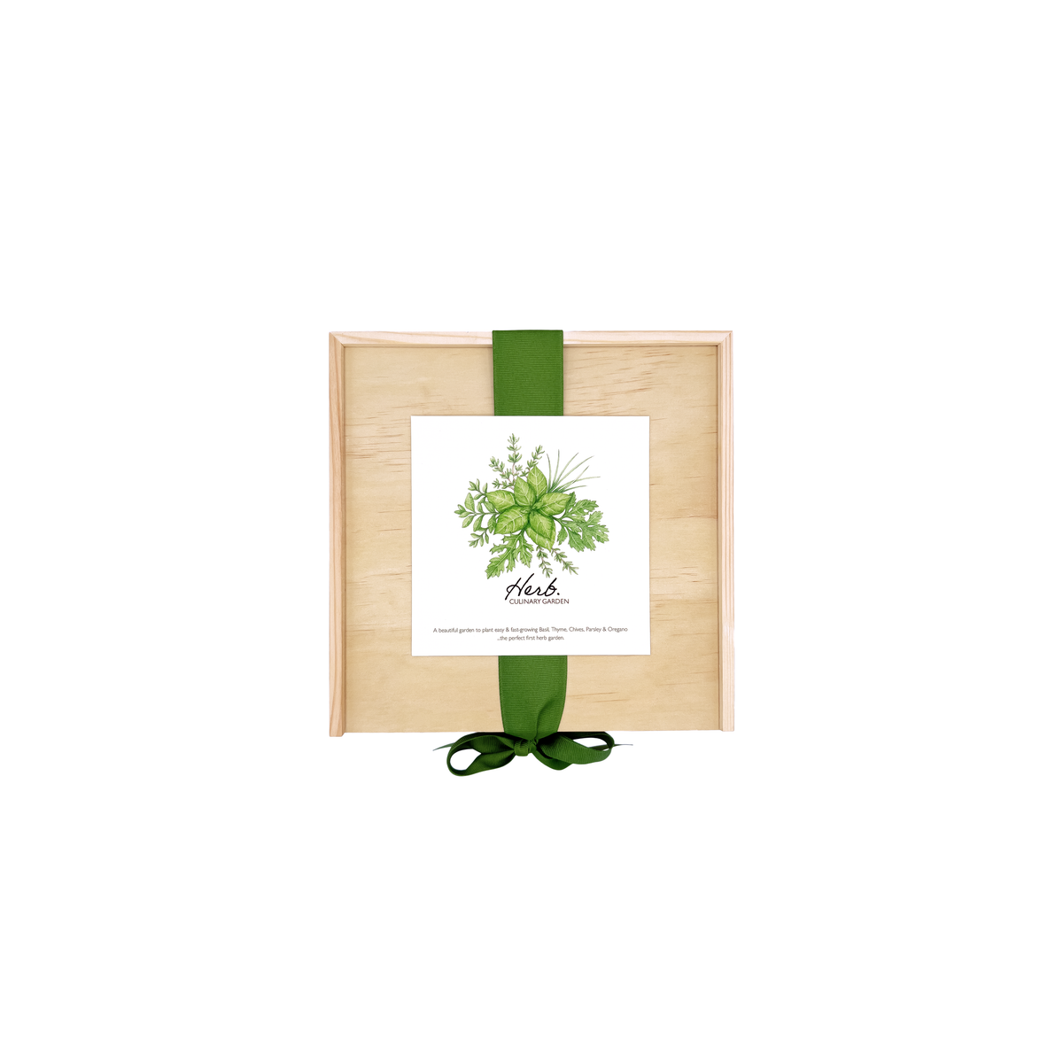 Natural wood garden box with white card displaying watercolor herb illustrations, secured with green ribbons and bows