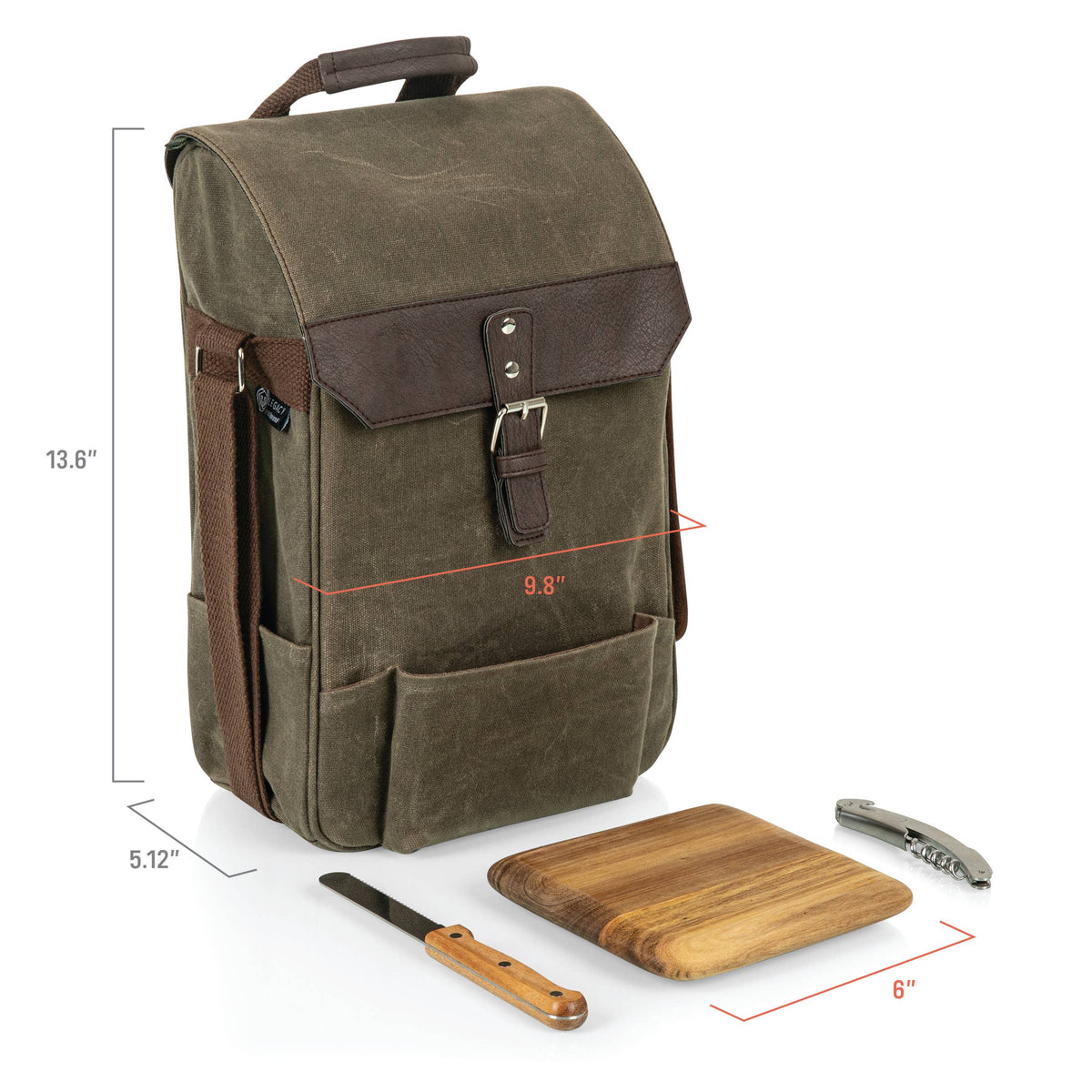 Olive canvas insulated wine tote with brown leather accents, displayed with wooden cheese board, corkscrew, and cheese knife