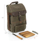Olive canvas insulated wine tote with brown leather accents, displayed with wooden cheese board, corkscrew, and cheese knife