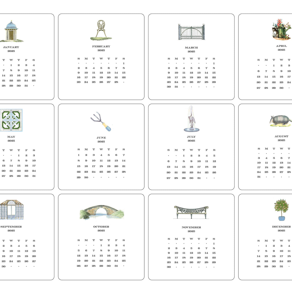 2026 Gardener's Calendar featuring 12 illustrated monthly cards with garden motifs including gazebo, bell, gate, planter, fork, watering can, greenhouse, arch, hammock, and topiary—premium cardstock with calendar grids.