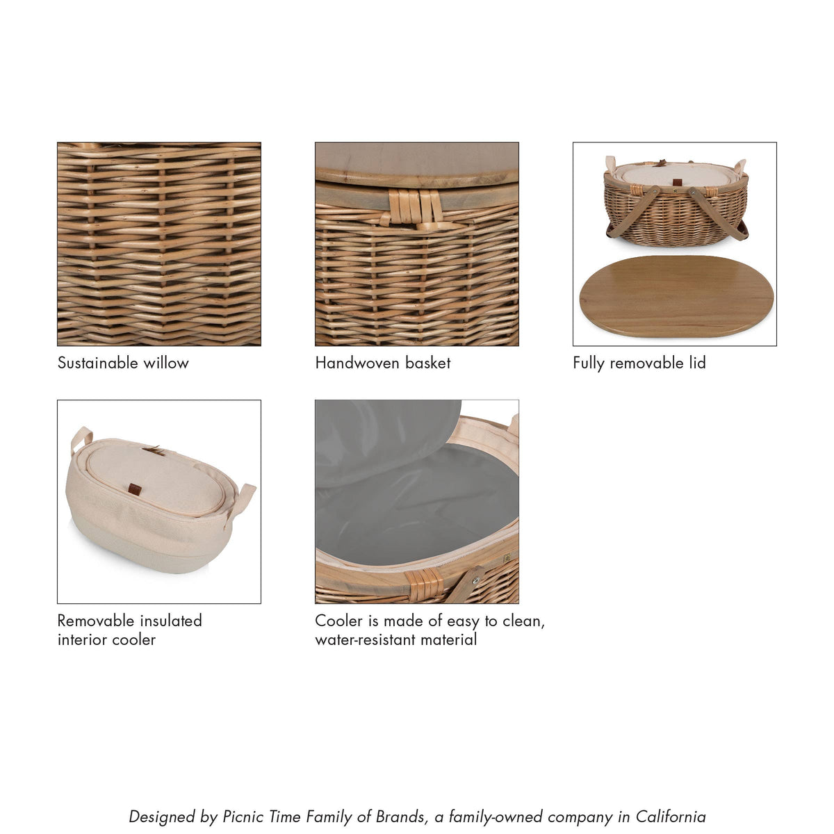 Sequoia picnic basket feature details: handwoven willow construction, tan fabric removable cooler interior, removable wood-top lid, and gray water-resistant cooler material