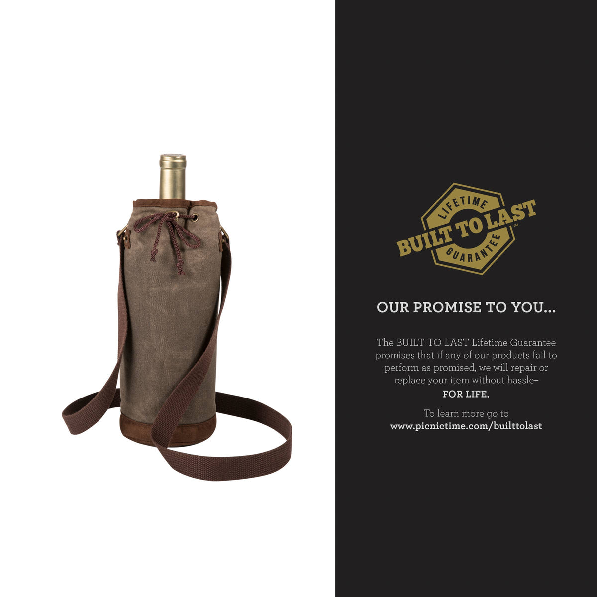 Taupe waxed canvas wine tote bag with distressed finish, brown fabric shoulder straps, and leather trim holding a wine bottle