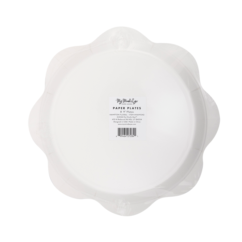 White paper plates with scalloped wave edges, back side showing My Mind's Eye branding and product label