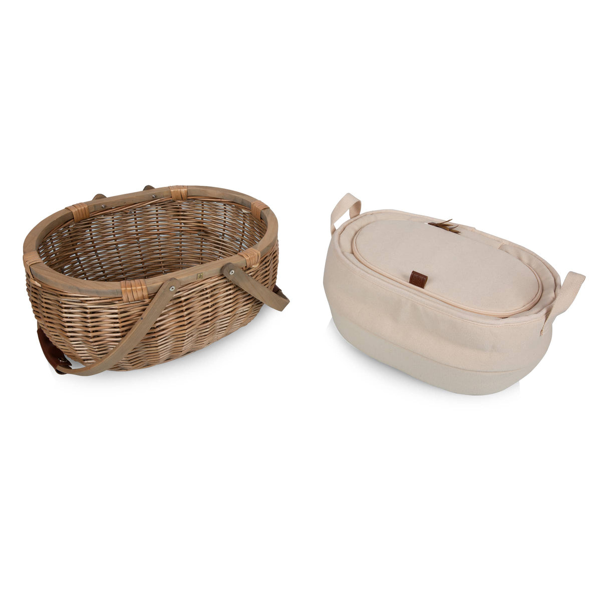 Handwoven willow picnic basket with tan leather handles and beige insulated cooler insert with dual top handles