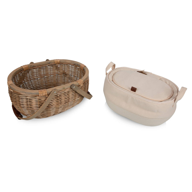 Handwoven willow picnic basket with tan leather handles and beige insulated cooler insert with dual top handles