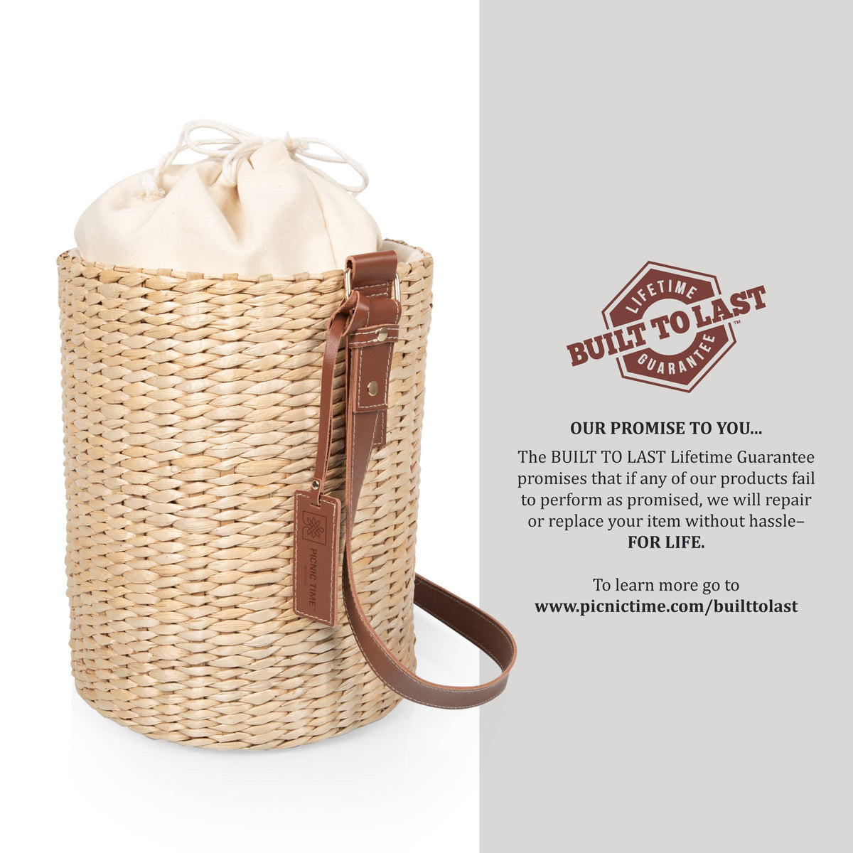 Beige handwoven rush bucket tote with cream drawstring and brown leather shoulder strap, displayed on white background with lifetime guarantee messaging