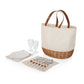 Promenade picnic basket set with cream canvas tote, willow base, brown leather handles, serving plates, wine glasses, and utensil wrapping for two