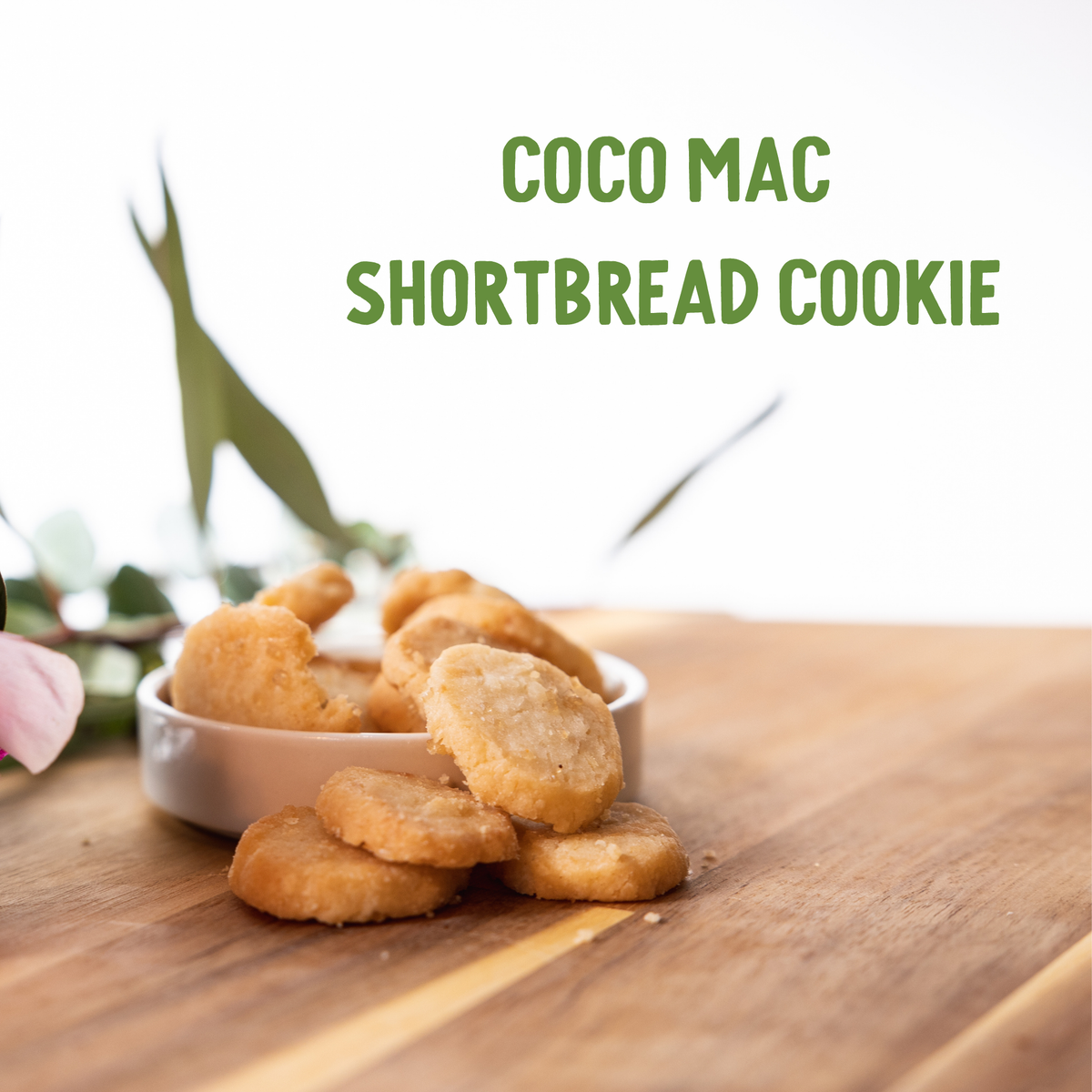 Stack of golden coconut mac shortbread cookies spilling from a white bowl on a wooden surface with fresh green foliage