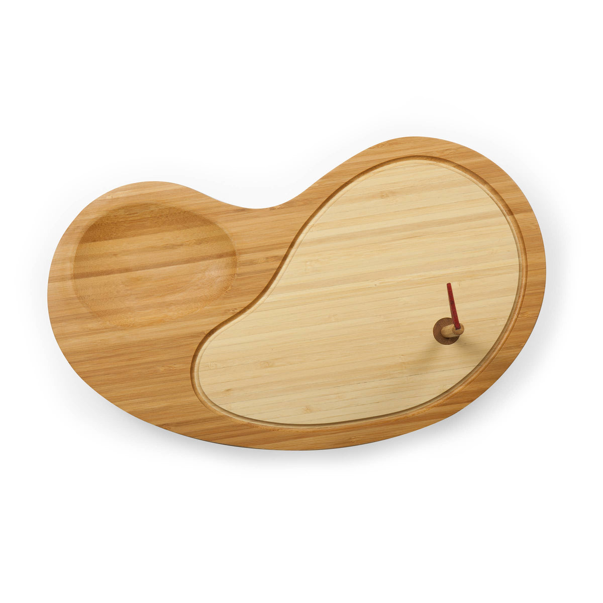 Golf-shaped bamboo cheese board with a sand trap depression on the left and a small wooden handle on the right surface