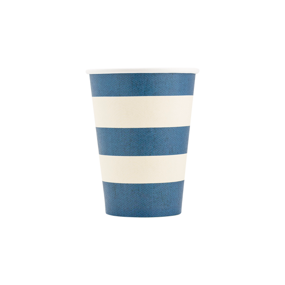 Disposable paper cup with blue and cream horizontal stripes, perfect for patriotic parties and celebrations