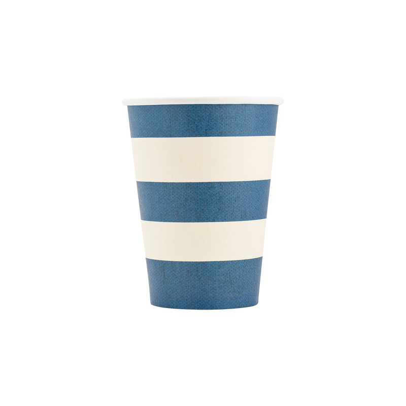 Disposable paper cup with blue and cream horizontal stripes, perfect for patriotic parties and celebrations