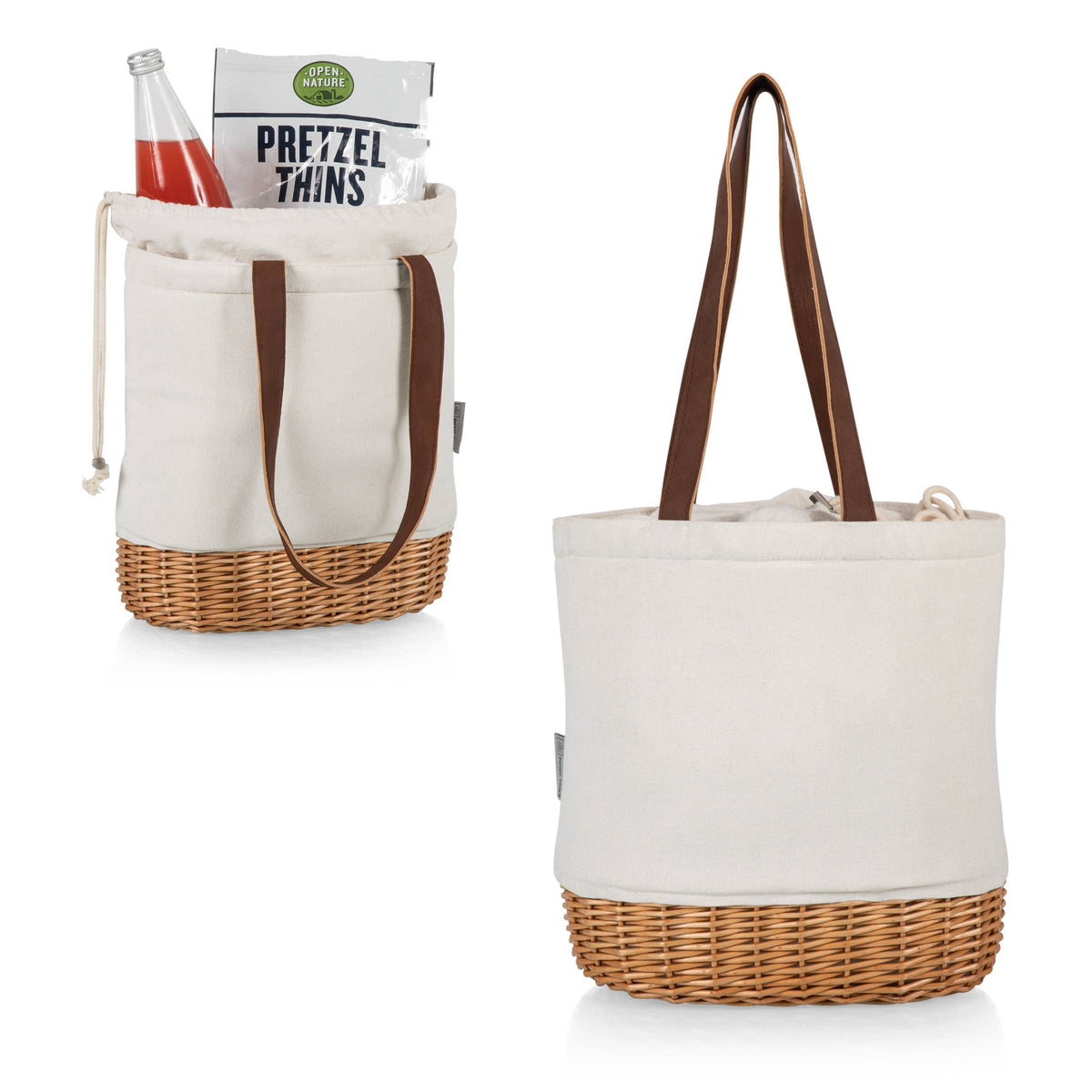 Cream canvas tote with wicker base and brown leatherette handles, shown filled with snacks and empty