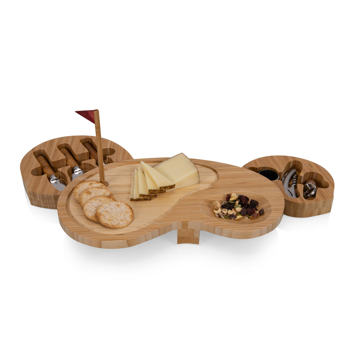 Bamboo golf-shaped cutting board with burgundy flag and hidden tool drawers, styled with cheese, crackers and nuts