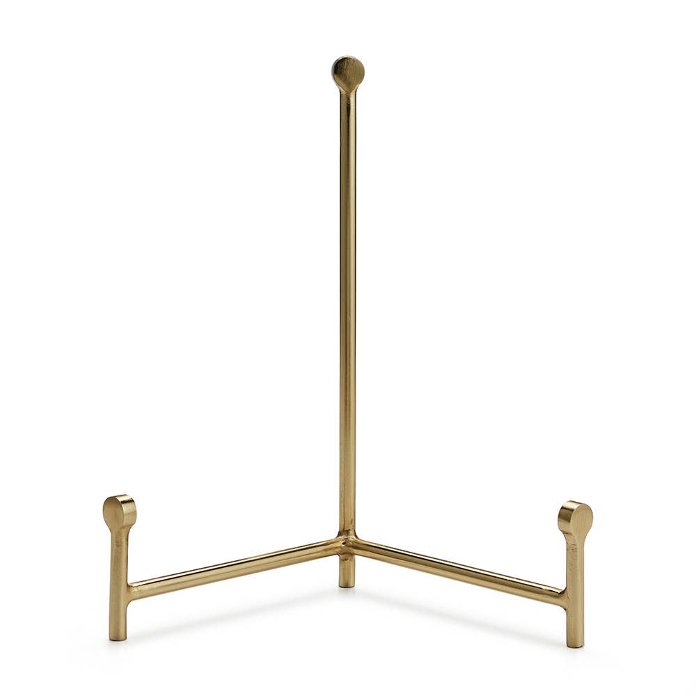 Gold metal easel with tripod base and ball finial top