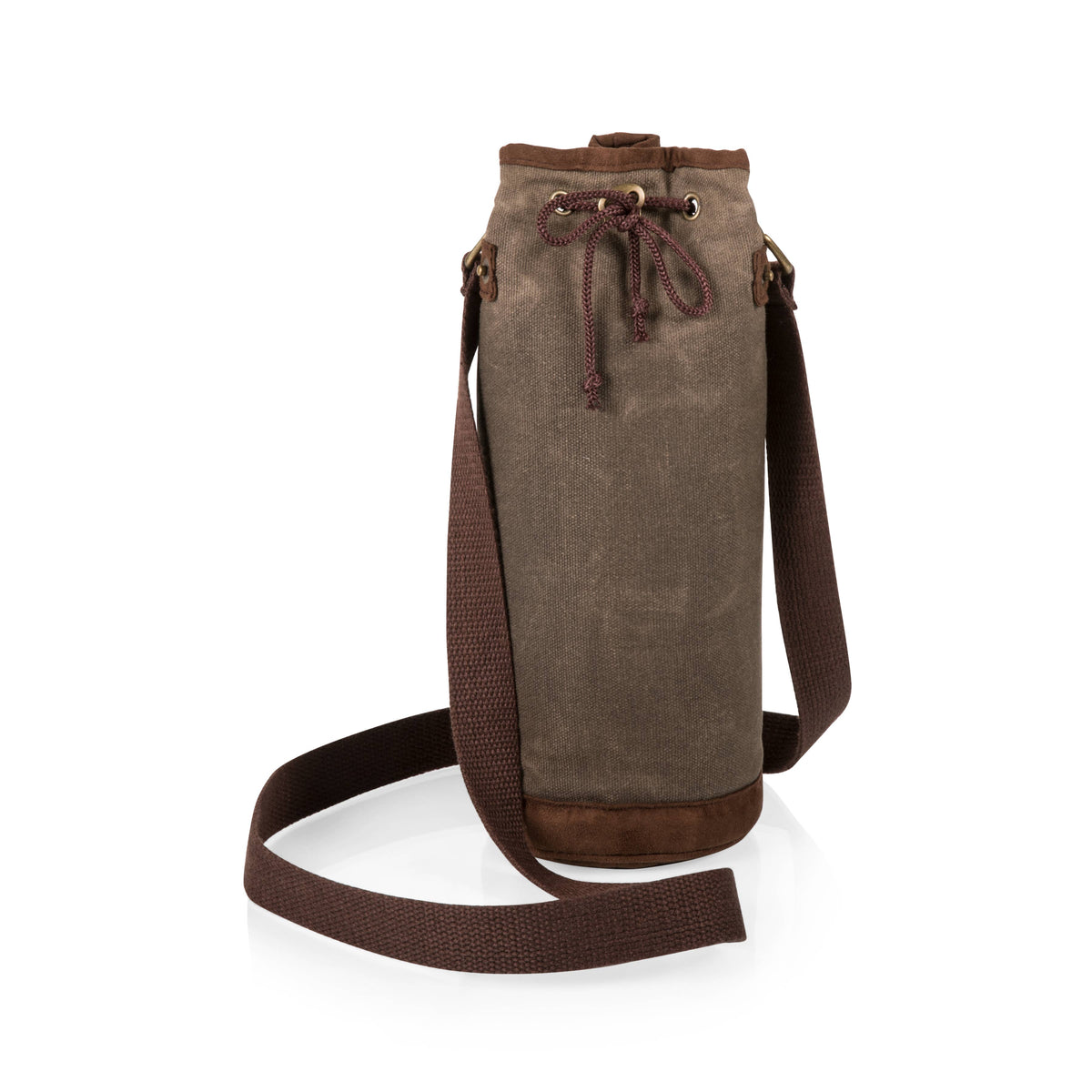 Taupe waxed canvas wine tote with drawstring closure, dark brown trim and adjustable woven shoulder strap, fully insulated for wine bottle transport