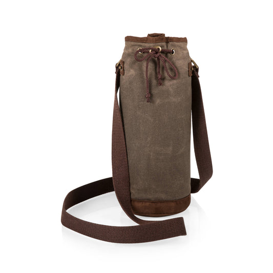 Taupe waxed canvas wine tote with drawstring closure, dark brown trim and adjustable woven shoulder strap, fully insulated for wine bottle transport