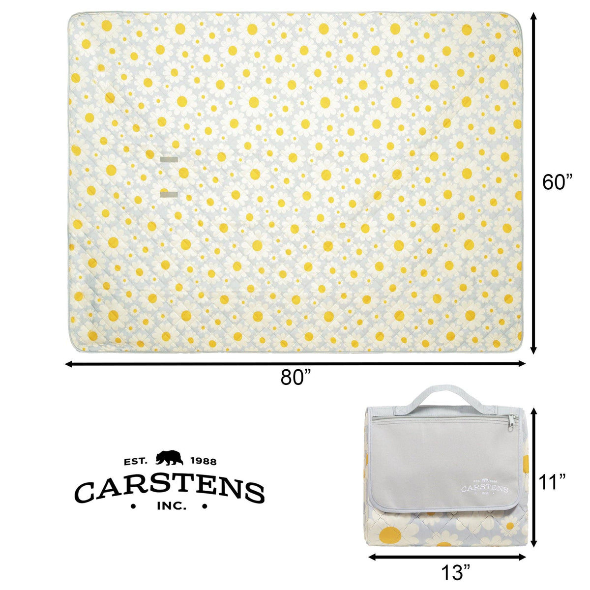 Carstens picnic blanket with yellow and white daisy pattern on gray, 80x60 inches, displayed with carrying handle
