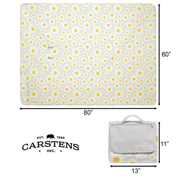 Carstens picnic blanket with yellow and white daisy pattern on gray, 80x60 inches, displayed with carrying handle