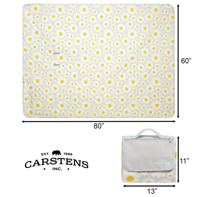 Carstens picnic blanket with yellow and white daisy pattern on gray, 80x60 inches, displayed with carrying handle
