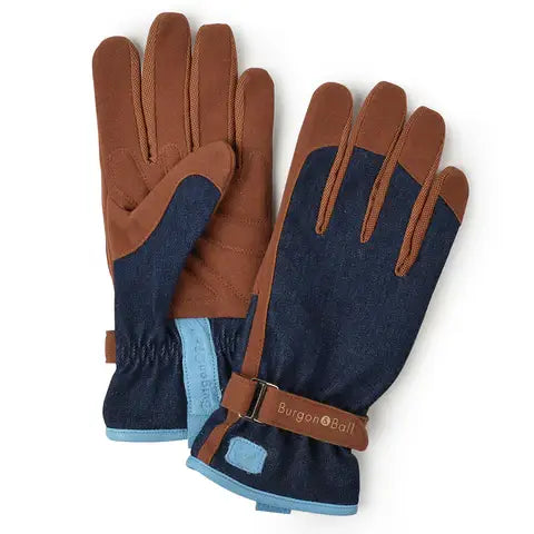 Pair of brown leather and navy gardening gloves with padded blue cuffs and Burgon & Ball branding on wrist strap.