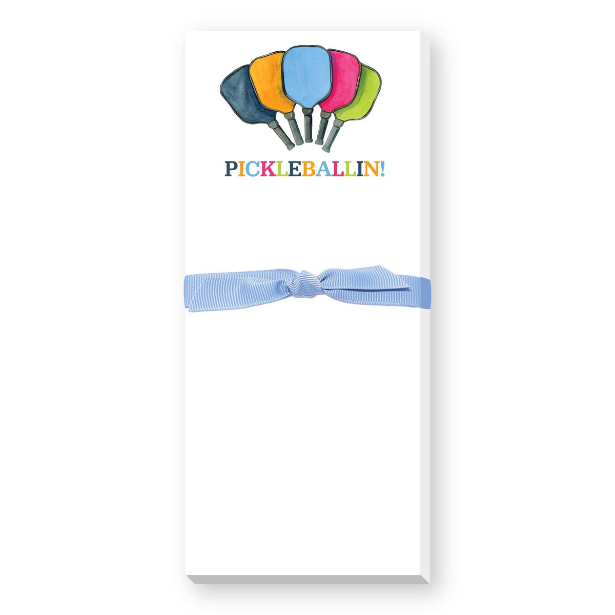 White notepad with five colorful pickleball paddles and "Pickleball!" text in rainbow lettering, tied with blue ribbon bow