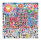 Vibrant 500-piece puzzle depicting a bustling patriotic boardwalk with red-brick buildings, festive crowds, colorful fireworks bursting overhead, and Americana-themed carnival details