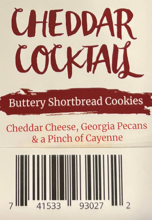 Cheddar Cocktail label with burgundy handwritten text, paintbrush-style banner, and red ingredient list on cream background.