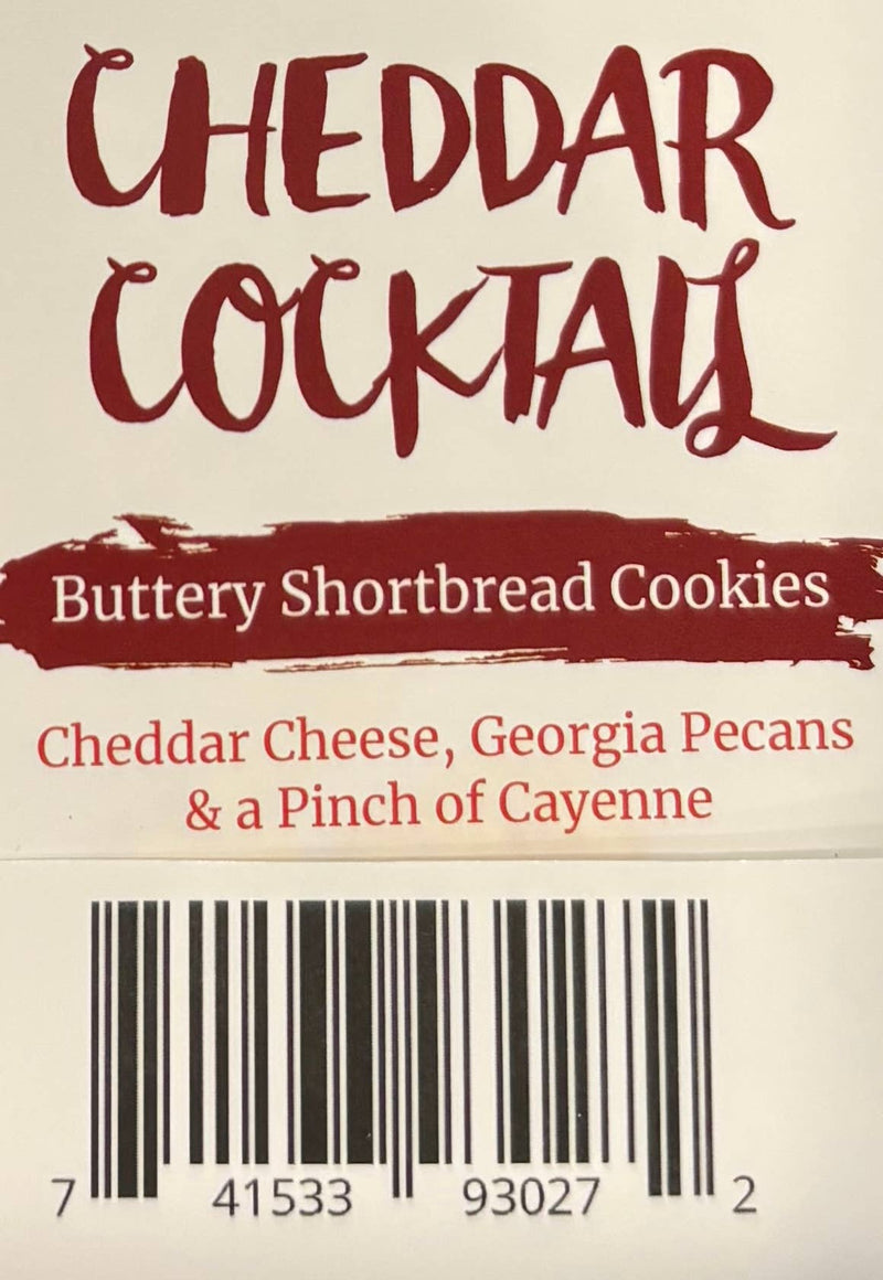 Cheddar Cocktail label with burgundy handwritten text, paintbrush-style banner, and red ingredient list on cream background.