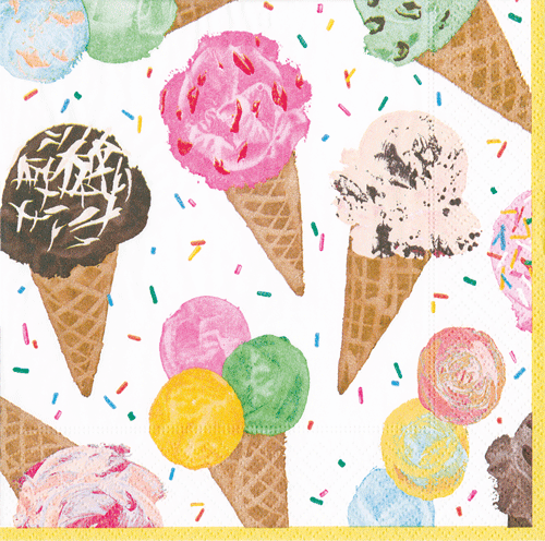 Whimsical ice cream and peony pattern with multicolored scoops in waffle cones, pink floral blooms, and scattered sprinkles on white background