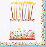 Multicolor Caspari cocktail napkins with birthday cake and lit candles design, confetti border details, triple-ply paper.