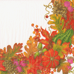 Colorful autumn leaves garland in red, orange, and gold tones on cream background, harvest-themed cocktail napkin design