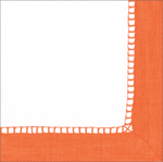 White linen cocktail napkin with decorative stitched edge, folded corner detail against coral background