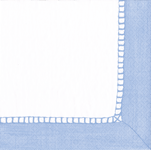 Light blue linen cocktail napkin with white decorative scalloped edge detail.