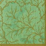 Celadon cocktail napkins with delicate golden branch pattern, luxury triple-ply Caspari design