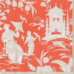 Mandarin orange and cream toile cocktail napkins with pagoda and landscape motif