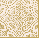 Caspari cocktail napkin with ornate gold and cream geometric damask pattern