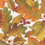 Multicolor autumn leaves pattern in orange, gold, and red tones on white cocktail napkins