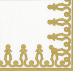 Cocktail napkin with cream ground and gold metallic scalloped ornamental border
