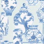 Blue and white chinoiserie patterned cocktail napkins with pagodas, birds, and decorative vases