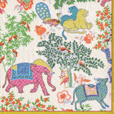 Multicolor cocktail napkins with whimsical elephants, llamas, and tropical florals on cream background