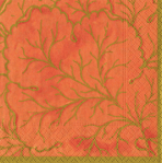 Coral triple-ply cocktail napkins with branching botanical pattern
