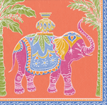 Colorful cocktail napkin with ornamental elephant design in pink, blue, and yellow on coral background with geometric border pattern