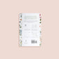 My Gardening Journal back cover showing botanical line illustrations, interior page samples, product description, and barcode with beige background