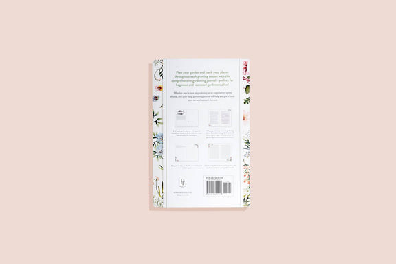 My Gardening Journal back cover showing botanical line illustrations, interior page samples, product description, and barcode with beige background