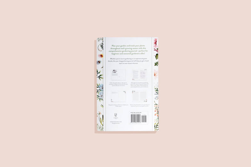 My Gardening Journal back cover showing botanical line illustrations, interior page samples, product description, and barcode with beige background