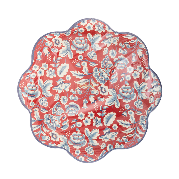 Coral-red paper plate with scalloped edges, white botanical florals and leaves in Americana design