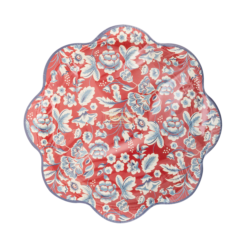 Coral-red paper plate with scalloped edges, white botanical florals and leaves in Americana design