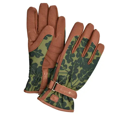 Terracotta and green gardening gloves with padded palms and leafy patterned cuffs